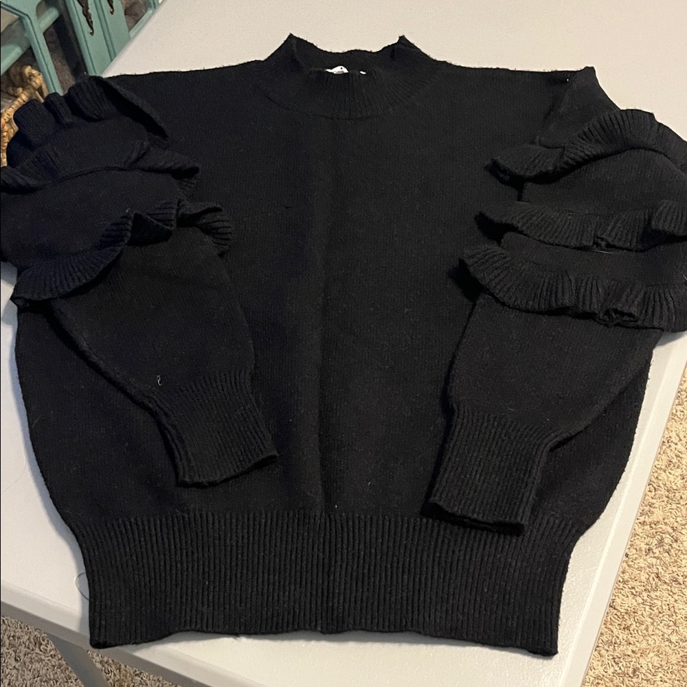 Black Ruffled Sleeve Sweater
